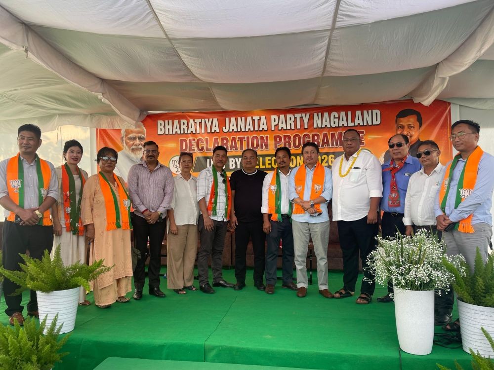 Party leaders with Kezhanguto Zhotso, BJP candidate for bye-election to Chümoukedima Town Council Ward-11.