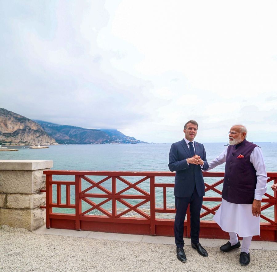 Prime Minister Narendra Modi with French President Emmanuel Macron, in Nice, France, on June 14, 2026. (IANS/PMO Photo)