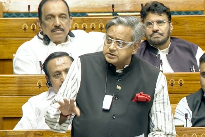 Congress MP Shashi Tharoor speaks in the Lok Sabha during the special sitting of the Budget Session 2026, during a debate on the Women’s Reservation Bill and delimitation, in New Delhi on April 17, 2026. (IANS/Sansad TV File Photo)