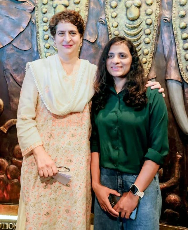 New Delhi: Congress General Secretary and Wayanad MP Priyanka Gandhi Vadra meets and congratulates mountaineer Zuhra Cherukappalli on her achievement of scaling Mount Everest, in New Delhi on Sunday, June 28, 2026. (Photo: IANS/X/@INCIndia)