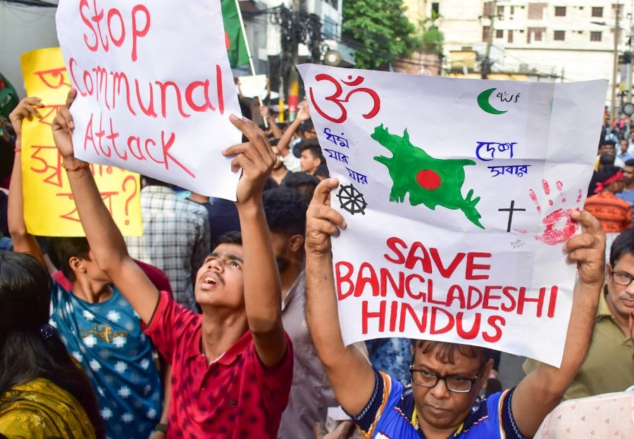 Hundreds of Bangladeshi Hindus have been demonstrating , in protest against the violence against the Hindu minority community  in Chittagong on August 10, 2024.(IANS File Photo)