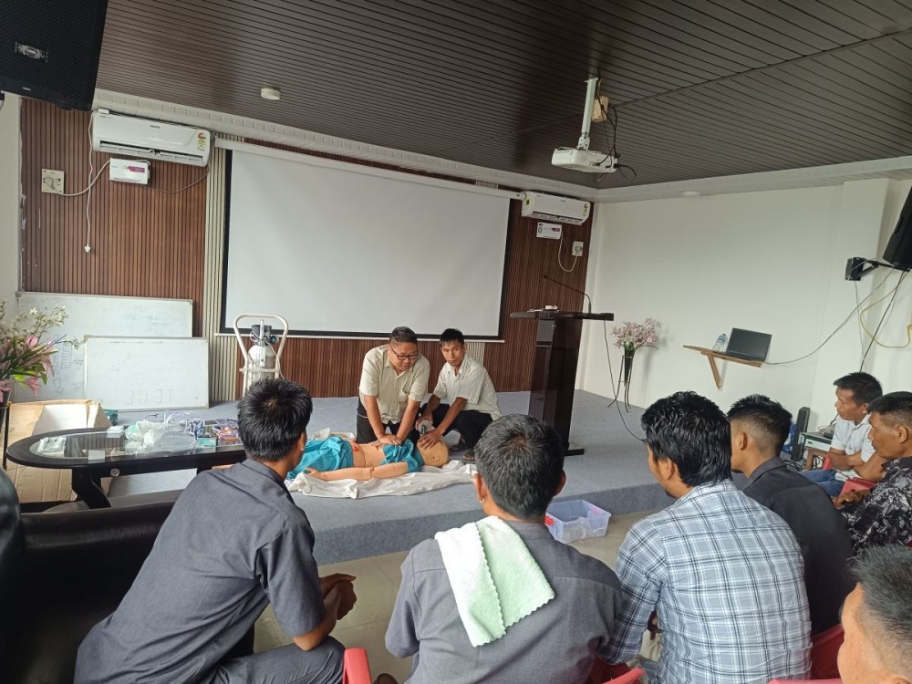 Ambulance drivers receive practical training on CPR and emergency response techniques during the orientation training on road safety and first aid at District Hospital Mon.