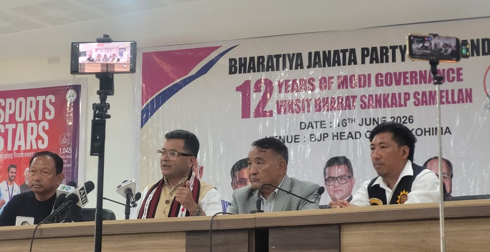 MoS Pabitra Margherita, Er Kropol Vitsu and others address a press conference in Kohima on June 16. (Morung Photo)