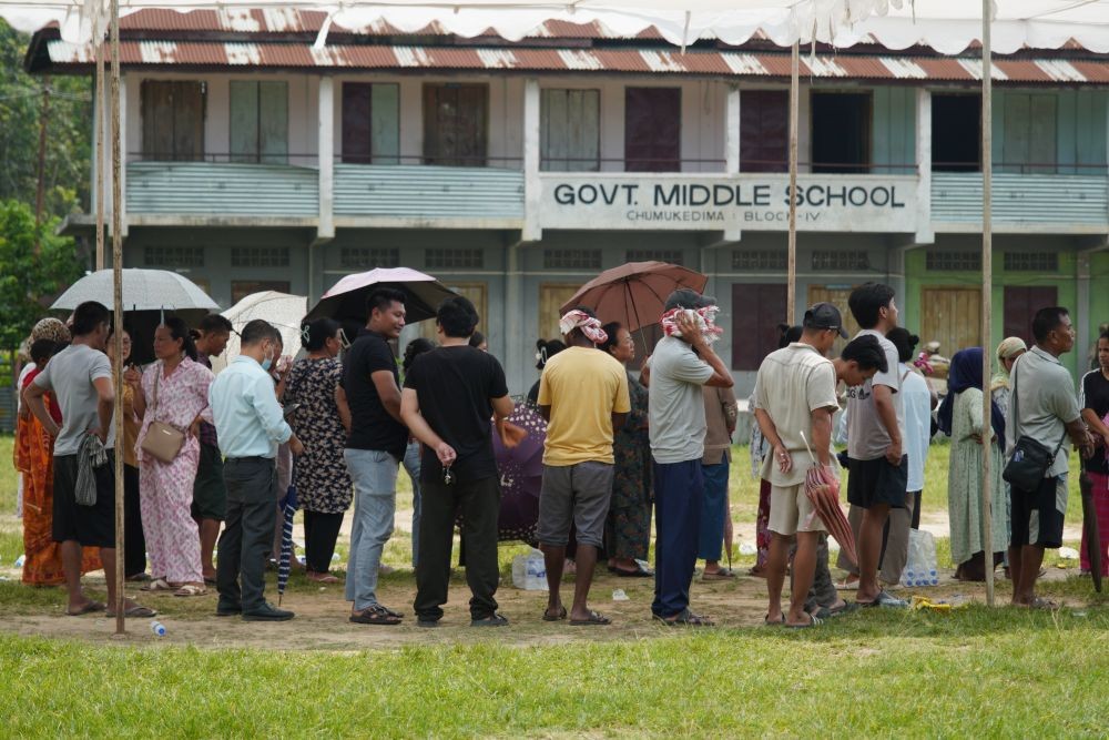 Voters queue at the polling station for the Chümoukedima Town Council (CTC) Ward-11 bye-election on June 16. (Morung Photo)