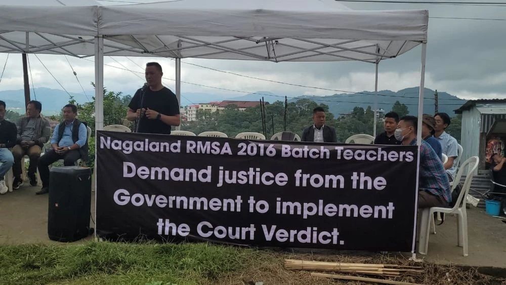Members of Nagaland RMSA Teachers’ Association 2016 during an ‘indefinite sit-in protest’ organised in Kohima on September 8, 2025. (Morung File Photo)