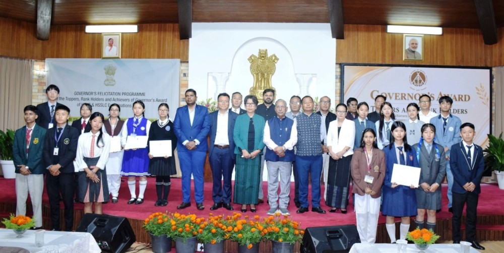 Nand Kishore Yadav and others with some of the recipients of Governor's Awards in Kohima on June 17.