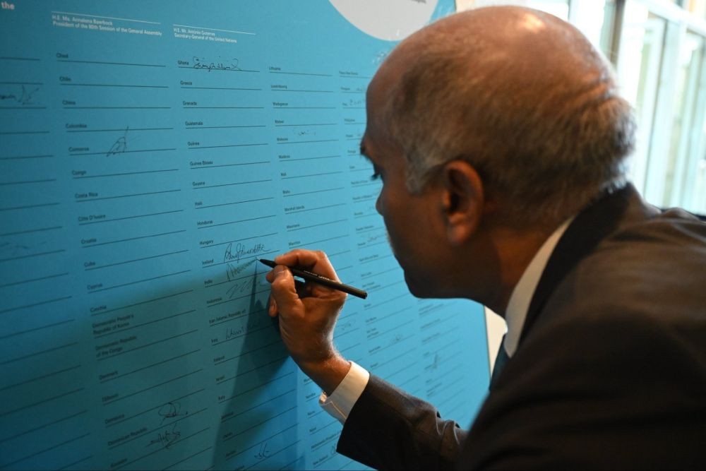 India’s Permanent Representative P Harish signs the Preamble to the United Nations Charter on Tuesday, June 16, 2026, ahead of the UN Charter Day on June 26 in a symbolic commemoration of the signing of the charter in 1945. (IANS/India Mission Photo)