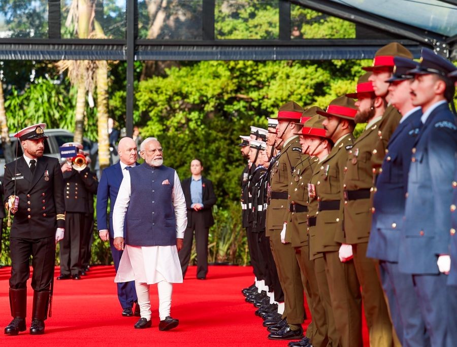 Prime Minister Narendra Modi with Prime Minister of New Zealand Christopher Luxon during his ceremonial welcome at Government House in Auckland, New Zealand, on July 11, 2026. (IANS/PMO Photo)
