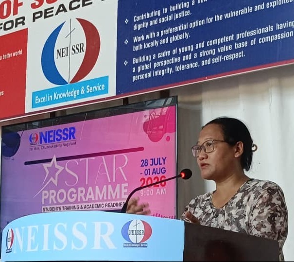 Resource person addresses the gathering during the STAR induction programme held at NEISSR, Chümoukedima on July 28.
