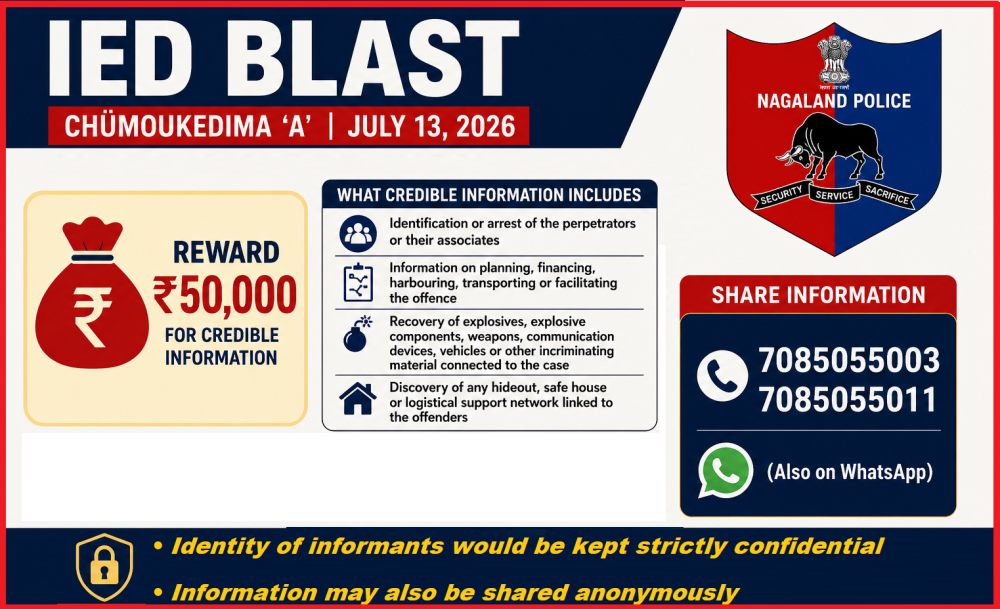 Nagaland Police announces Rs 50,000 reward for information on July 13 IED blast