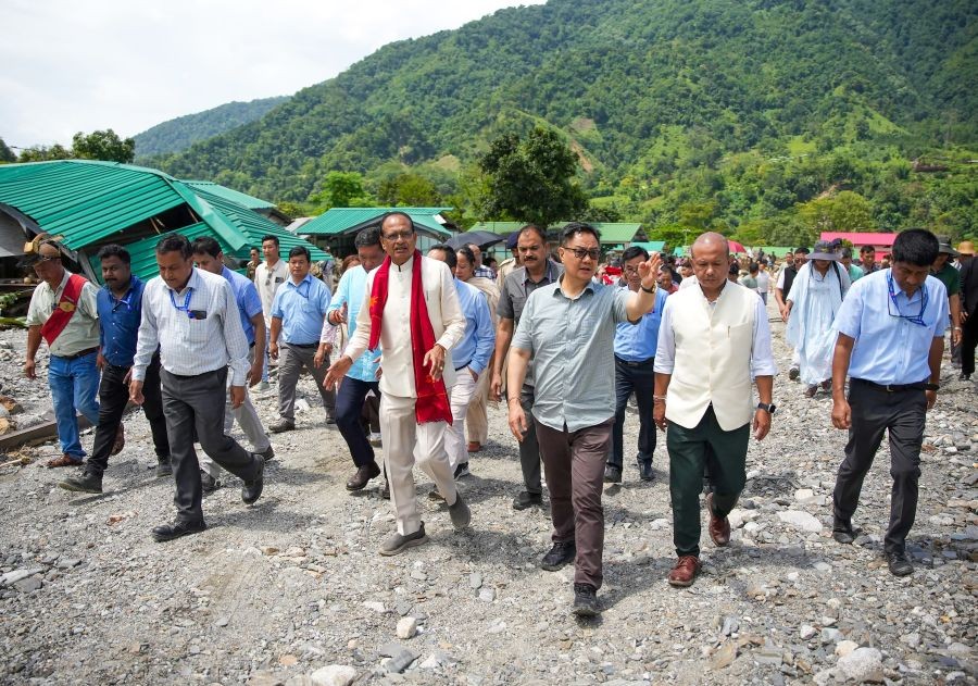 Union Agriculture and Farmers Welfare Minister Shivraj Singh Chouhan visits the flood-hit Nipco area in Yazali, Keyi Panyor district, Arunachal Pradesh, on July 1, 2026. (IANS/X/@OfficeofSSC Photo)