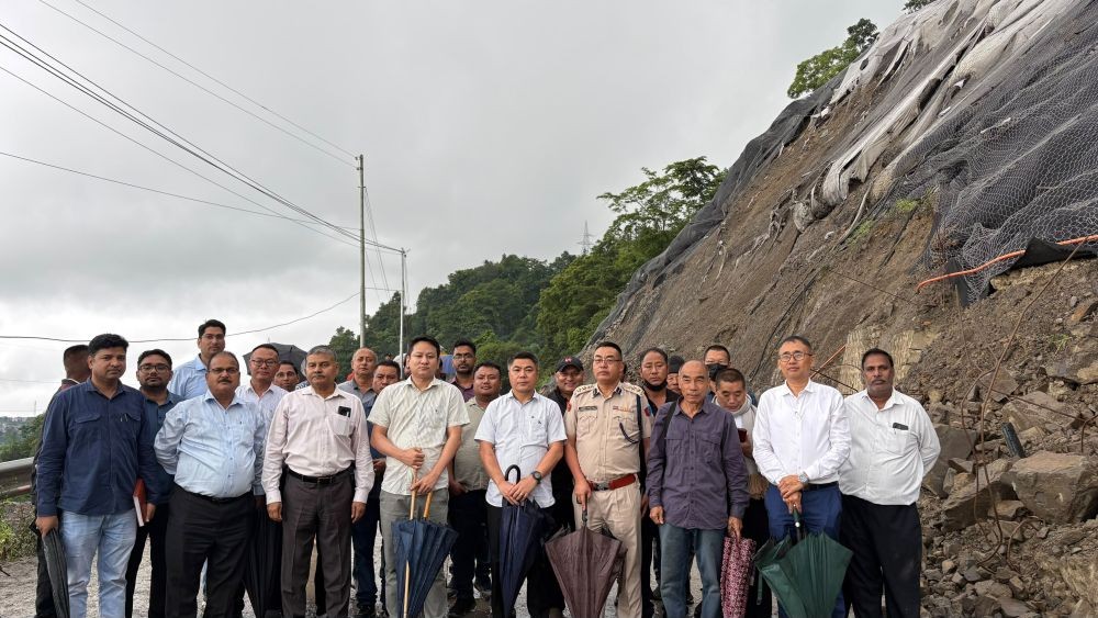 Officials and others during the inspection of Phesama Sinking Zone (Chainage Km 191+840 to Km 192+100) along the Kohima–Mao section of National Highway-2 on July 30. (DIPR Photo)