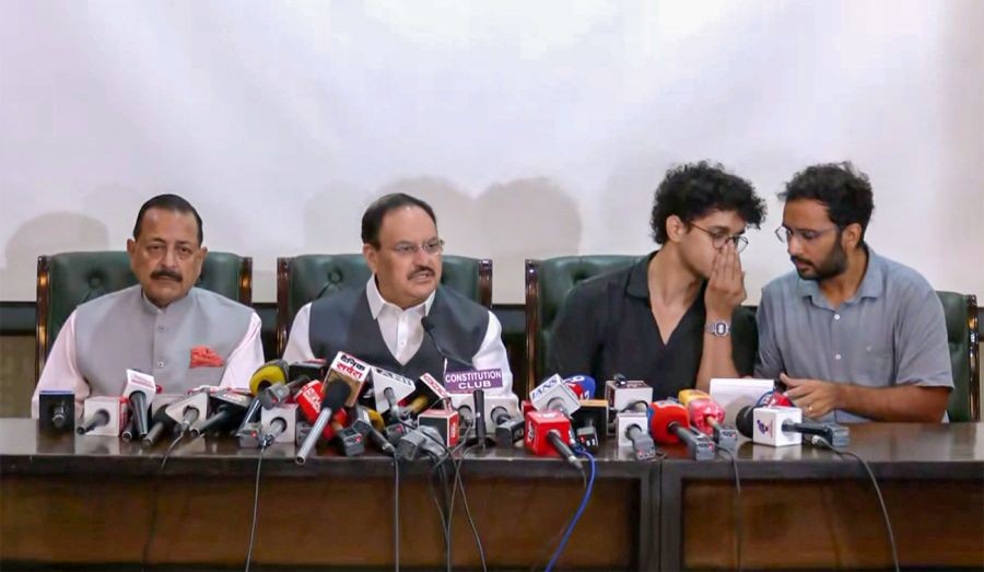 Union Ministers J.P. Nadda and Dr Jitendra Singh, along with Cockroach Janta Party (CJP) representatives Saurav Das and Ashutosh Ranka, address a joint press conference following the third round of talks at the Constitution Club of India in New Delhi on July 25, 2026. The meeting was held after the resignation of Union Education Minister Dharmendra Pradhan amid protests over the alleged NEET-UG paper leak. (IANS/Video Grab Photo)