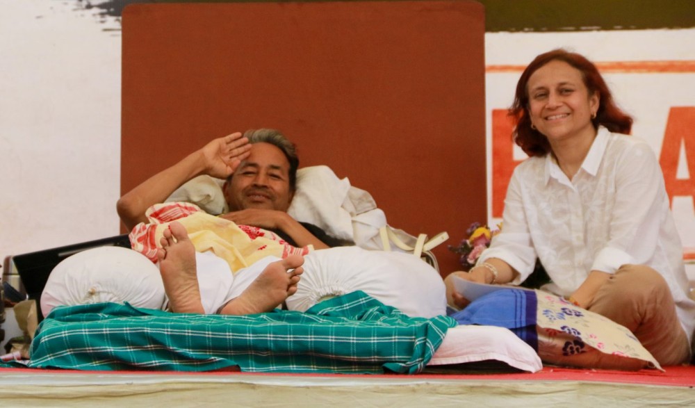 Climate activist Sonam Wangchuk with his wife, Gitanjali J. Angmo, during his indefinite hunger strike on Day 20 at Jantar Mantar, demanding the resignation of Union Education Minister Dharmendra Pradhan over alleged NEET 2026 examination irregularities, including the paper leak, in New Delhi on Friday, July 17. (IANS Photo)