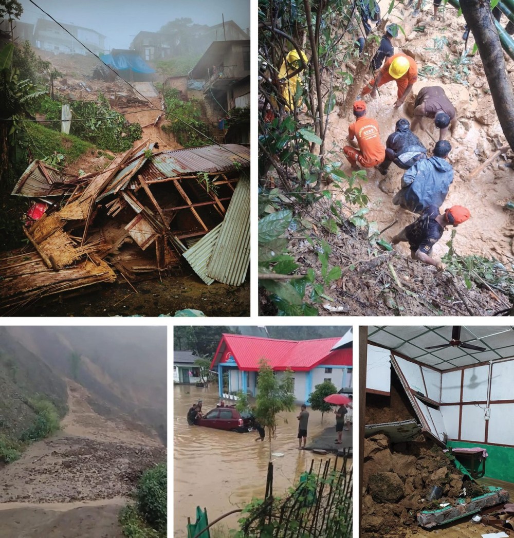 (Top) Houses damaged by a landslide triggered by incessant rainfall in Mon town on July 19. The landslide claimed at least eight lives and caused extensive damage to houses and other property, as search and rescue operations continued involving the NSDMA, SDRF, DDMA, District Administration, Police and other agencies. (Bottom, left to right) A road stretch leading to Shamator blocked by a landslide; residents attempt to retrieve a vehicle from a waterlogged area in Tuli; and a house damaged by a landslide in Wokha. (Photos: Special Arrangement)