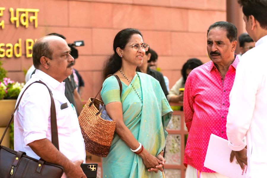 Nationalist Congress Party (Sharadchandra Pawar) MP Supriya Sule and others at the Parliament House complex during the second part of the Budget Session, in New Delhi on April 01, 2026. (IANS File Photo)