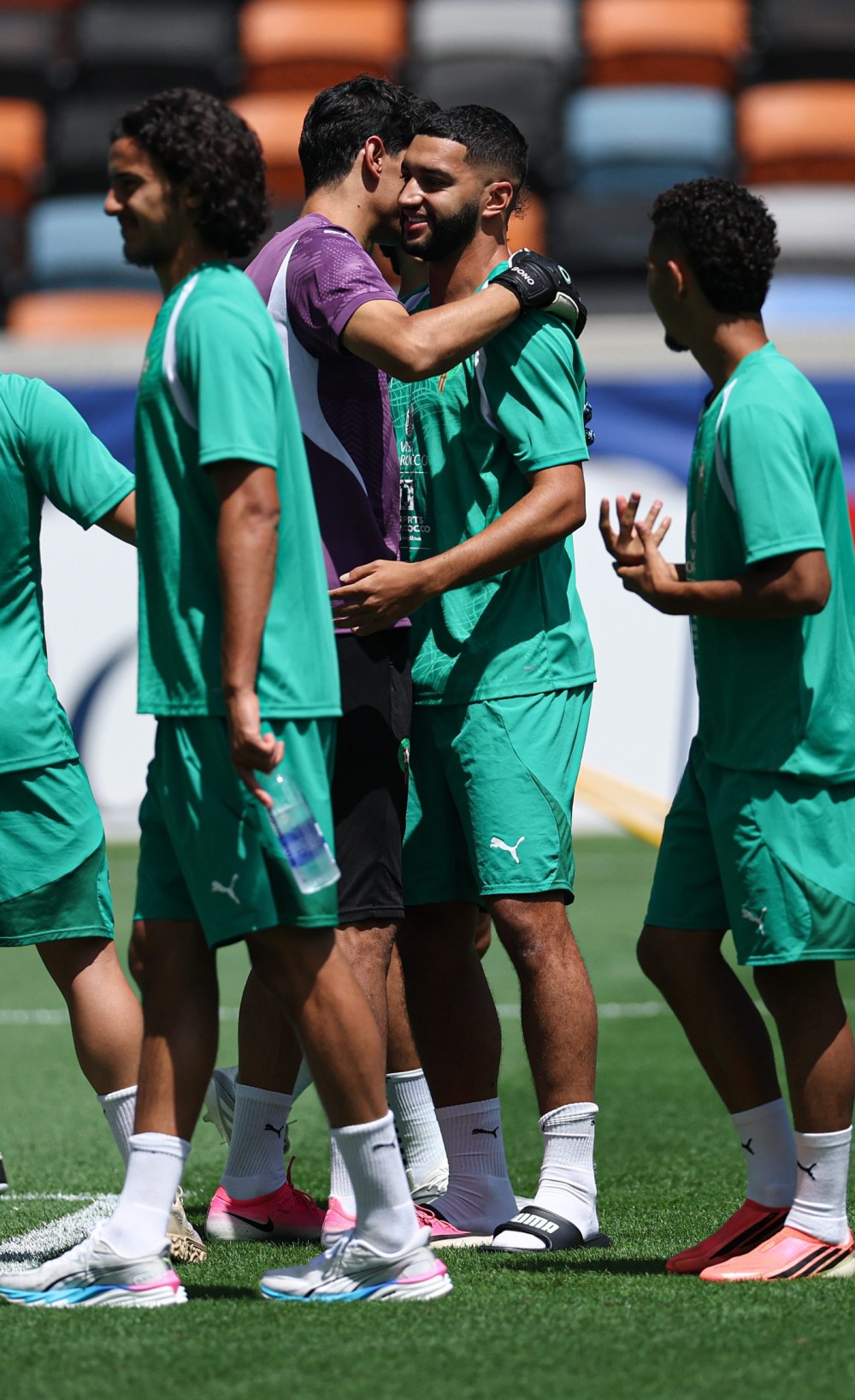 Houston: Morocco's goalkeeper Yassine Bounou (2nd L) hugs Ismael Saibari during a training session ahead of the round of 16 match between Canada and Morocco at the 2026 FIFA World Cup in Houston, the United States, July 1, 2026. (Photo: Xinhua via IANS)