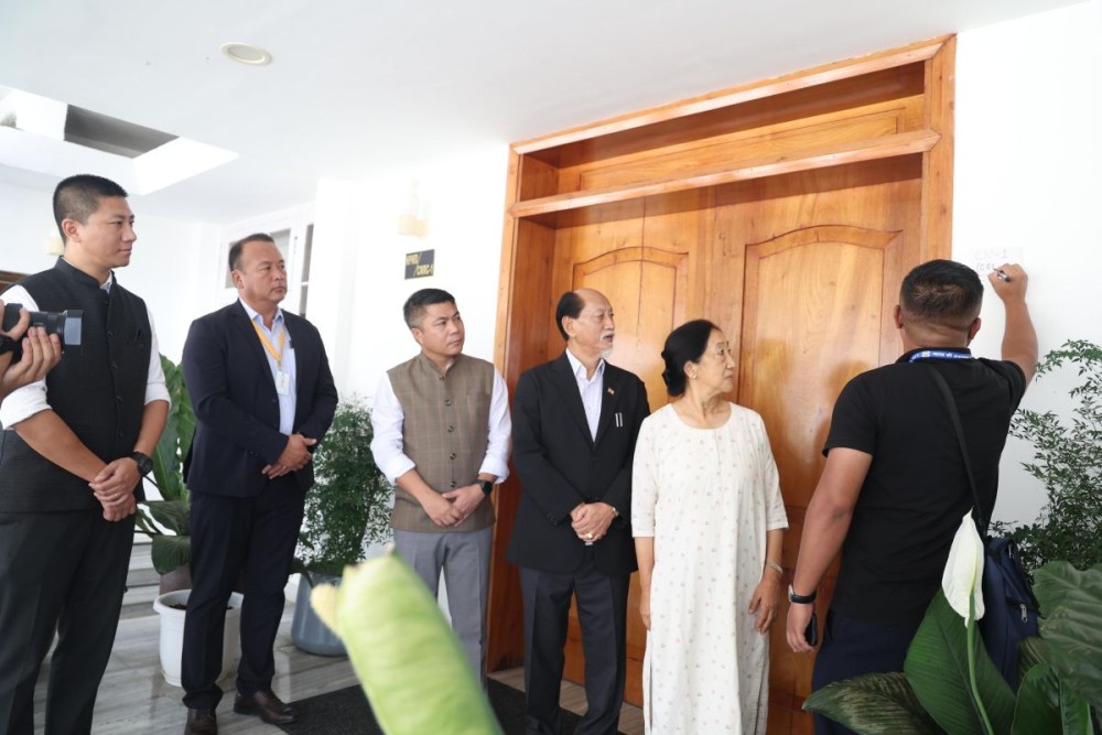 Chief Minister Dr Neiphiu Rio, his lady wife along with Census Officials during the house listing of his residence at Chief Minister's Residential Complex, Kohima on July 2. (DIPR Photo)