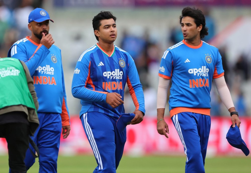 Manchester: India's Vaibhav Sooryavanshi, Abhishek Sharma and Varun Chakaravarthy during the second T20 International match between India and England in the India tour of England 2026 at Emirates Old Trafford in Manchester, England, on Saturday, July 4, 2026. (Photo: IANS)