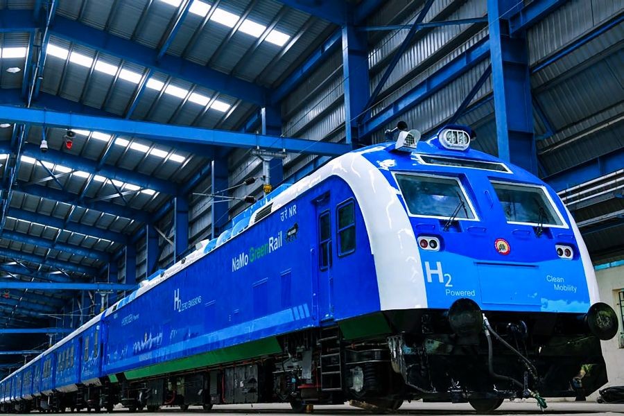 India's first hydrogen-powered train ahead of its launch. The hydrogen fuel cell-powered train, which is scheduled to be flagged off on the Jind–Sonipat route, marks a major step towards green mobility and sustainable rail transportation in India. (IANS Photo)