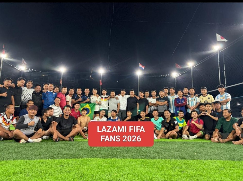 Participants pose for a photo during a futsal match held at D Khel Ground Futsal Court in Pusolieke, Kohima Village on July 18.