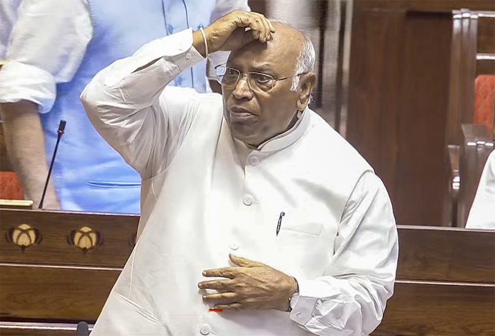 New Delhi: Congress President Mallikarjun Kharge speaks in the House during the monsoon session of Parliament in New Delhi on Monday, July 20, 2026. (Photo: IANS/Sansad TV)
