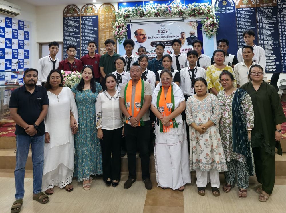BJP party workers pose for a photo during the 125th birth anniversary of Dr Syama Prasad Mukherjee at the Rotary Club, Midland, Dimapur on July 3.
