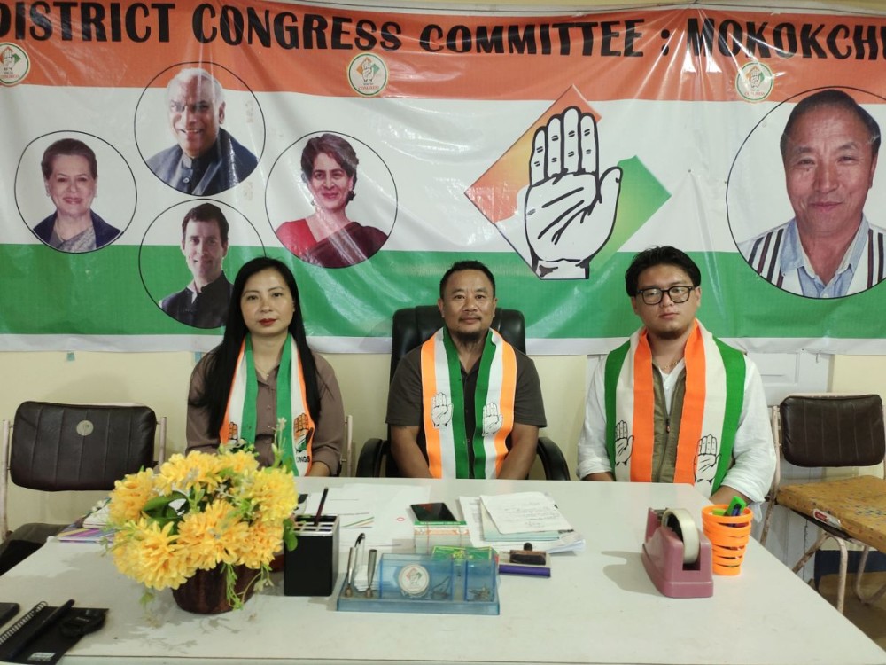DYC Mokokchung General Secretary (Administration) Imlitula Longkumer, DCC Mokokchung Vice President Nukshi I Ozukum and NSUI Mokokchung District President Asensor Jamir addressed a press conference at the District Congress Bhavan, Mokokchung, on July 1.  (Morung Photo)