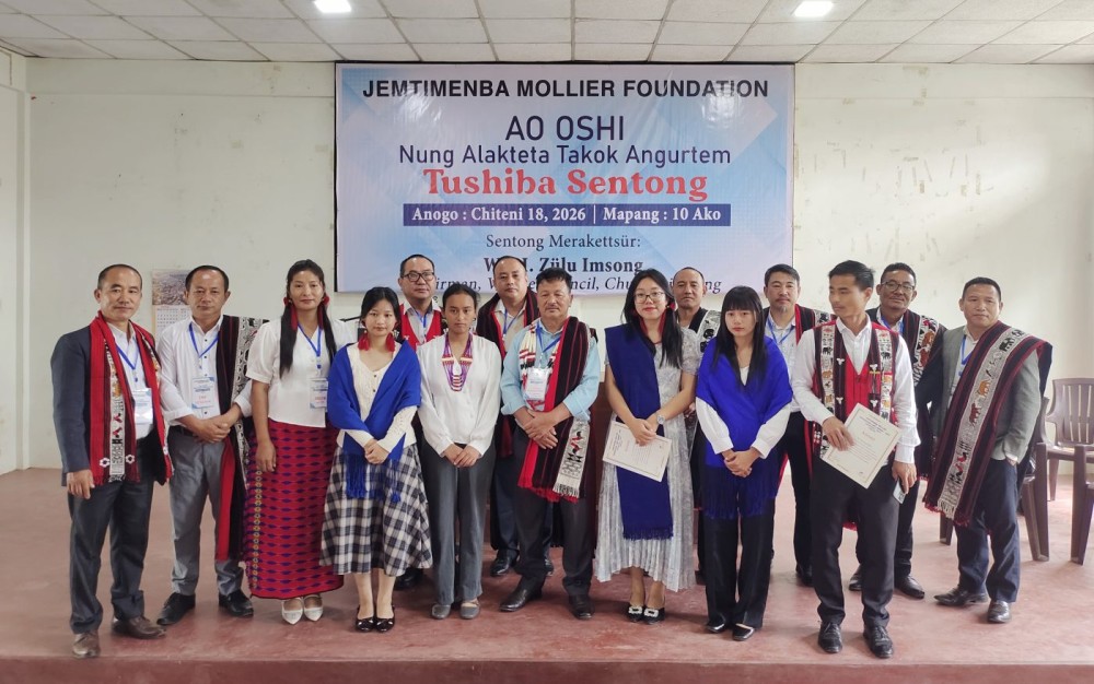 Awardees of the Jemtimenba Mollier Foundation Meritorious Award for Excellence in Ao Literature 2026 with JMF members and participants at the award ceremony in Mokokchung on July 18. (Morung Photo)