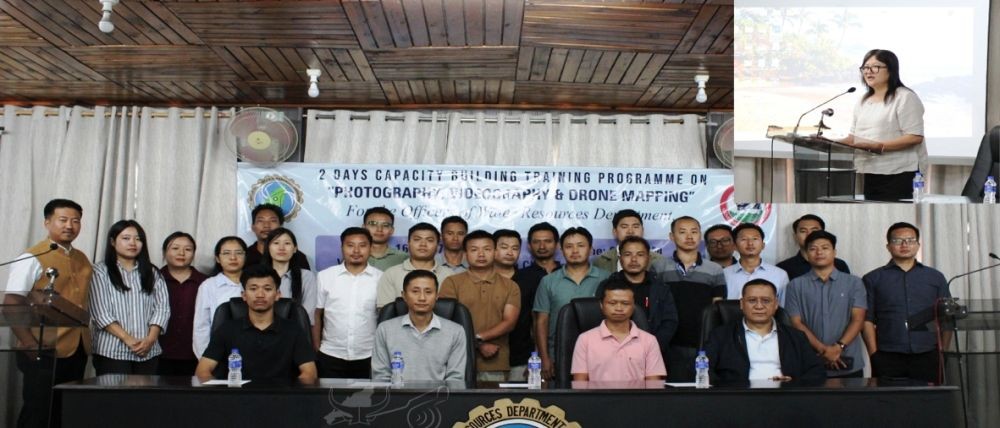 (Inset) Executive Engineer Wapangnaro Imchen addressing the capacity building training programme on photography, videography and drone mapping for officers of Water Resources Department on July 16. (DIPR Photo)