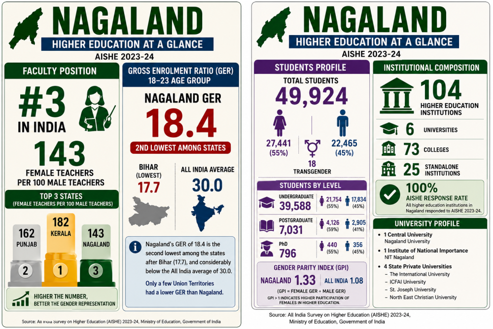 Nagaland faculty, GER and HEI profile. (Image generated via AI assistance based on AISHE 2023-24 data)