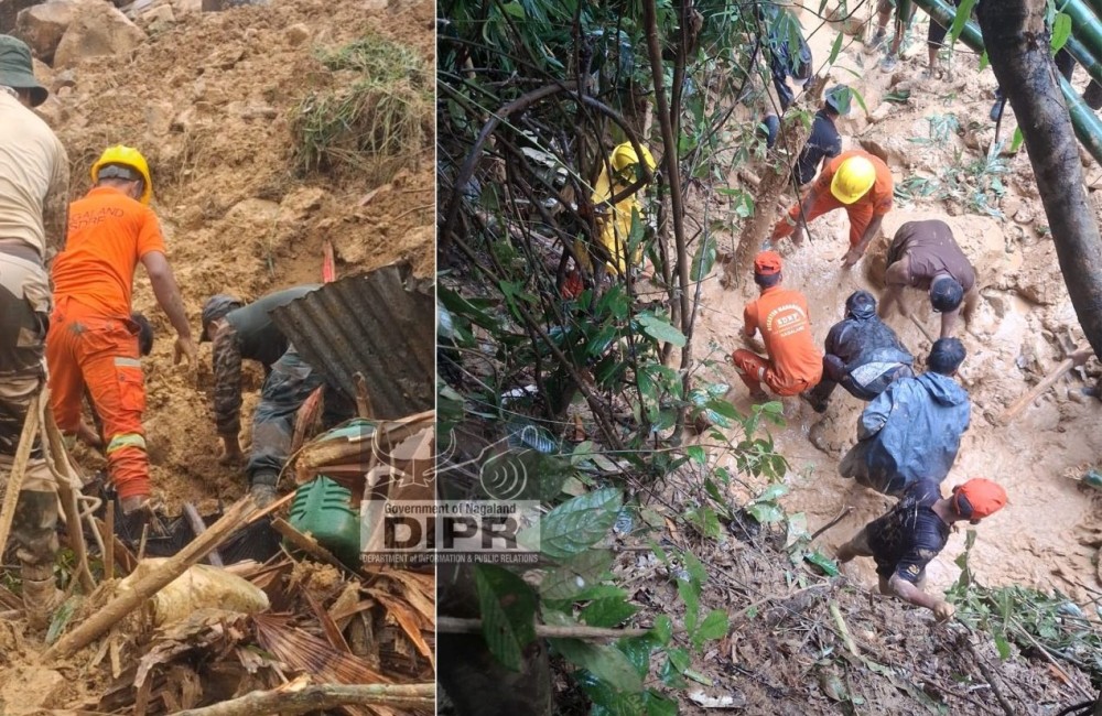 SRDF personnel and others engage in a rescue operations following a landslide incident at Mon Town on July 19. (DIPR Photo)
