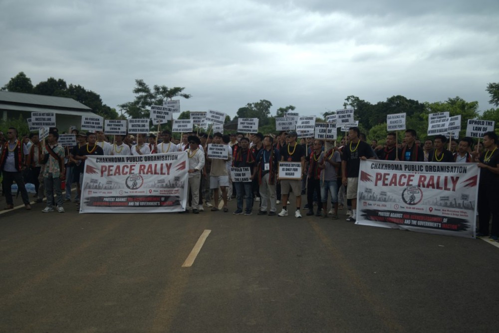 Members of Chakhroma Public Organisation during a protest rally held at New Medziphema on July 17 in connection to the unresolved Maova village issue. The CPO later submitted an 8-point charter of demands to the State Government. (Morung Photo)