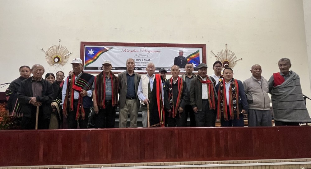 Vice President (HQ) Elect, NNC, Zapu-o Zhasa, NNC members and other leaders from Kigwema village during the reception programme held at KVC Hall on July 11. (Morung Photo)