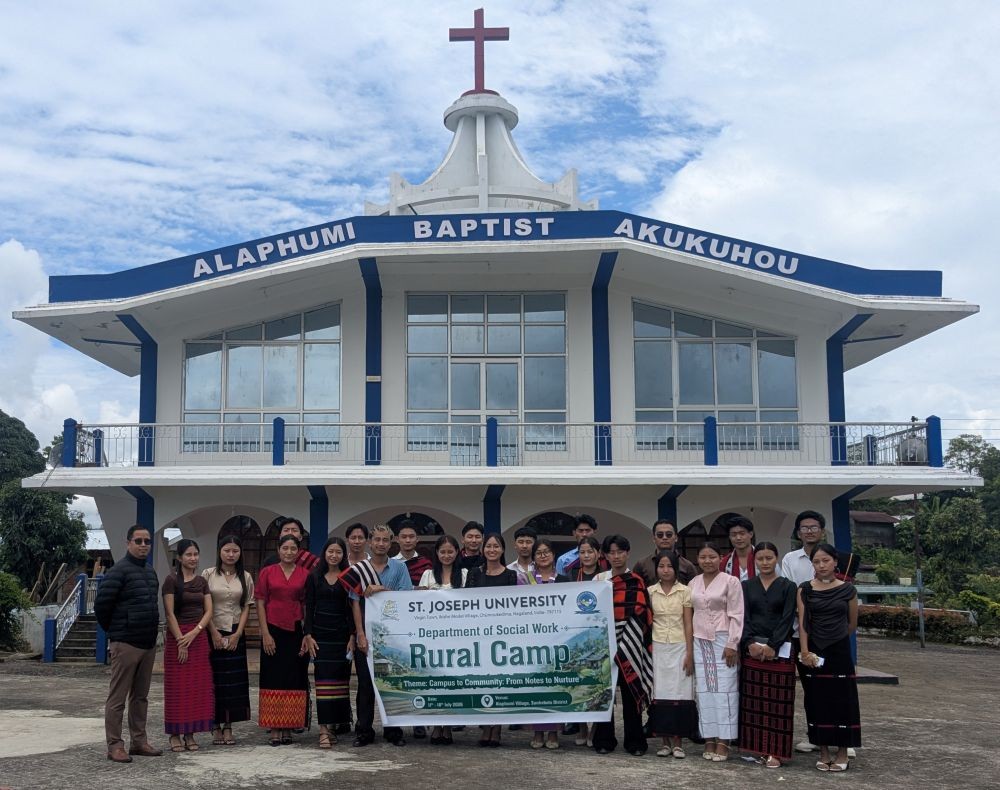 Students of the Department of Social Work, St Joseph University, outside Alaphumi Baptist Church during their Rural Camp at Alaphumi village, Zunheboto district, held from July 11 to 18. (Photo Courtesy:  SJU)