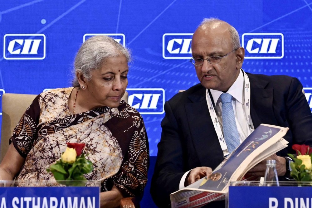 New Delhi: Union Minister of Finance and Corporate Affairs Nirmala Sitharaman with R. Dinesh, Past President, CII, during the CII GCC Business Summit in New Delhi on Thursday, July 9, 2026. (Photo: IANS/Deepak Kumar)