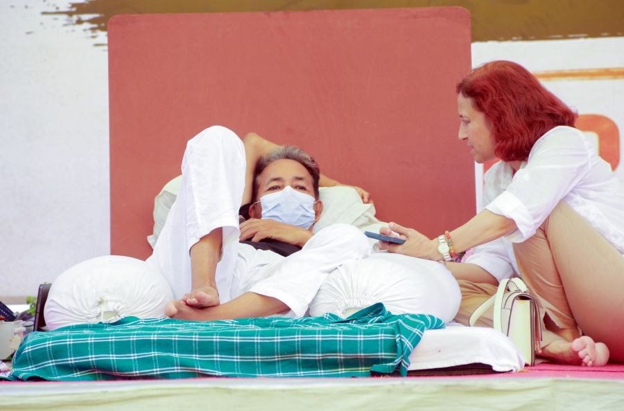 Climate activist Sonam Wangchuk with his wife, Gitanjali J. Angmo, during his indefinite hunger strike on Day 20 at Jantar Mantar, demanding the resignation of Union Education Minister Dharmendra Pradhan over alleged NEET 2026 examination irregularities, including the paper leak, in New Delhi on July 17, 2026. (IANS Photo)
