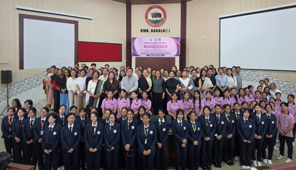 W Nginyeih Konyak, Chairperson, Nagaland State Commission for Women and Justice Lanusungkum Jamir, Chairman, Nagaland State Human Rights Commission seen with resource persons and participants during the State Level Awareness Program on “Prevention of Stalking & Cyber Stalking” at SIRD Auditorium, Kohima on July 15.