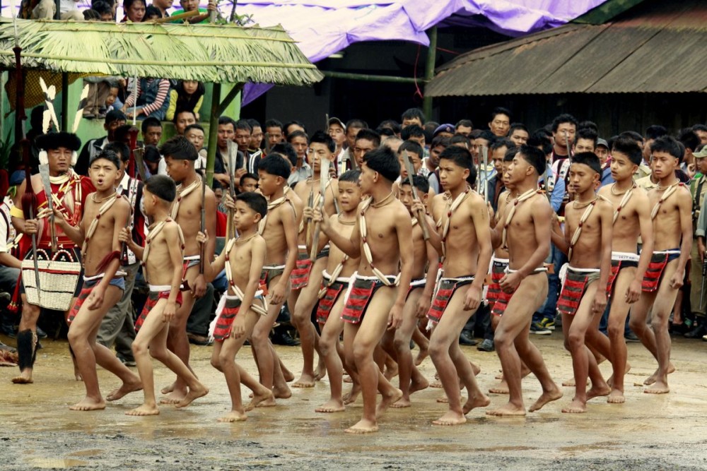 Young Ao participants perform a traditional cultural procession during the Tsüngremmung Festival celebration in Longsa village, Mokokchung district. (Morung File Photo)
