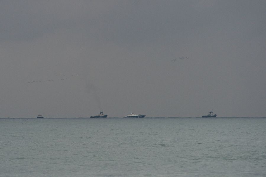 Photo taken on Dec. 25, 2016 shows vessels taking part in a rescue operation on the Black Sea coast at the crash site of Russian Defense Ministry's TU-154 aircraft.  (IANS File Photo)