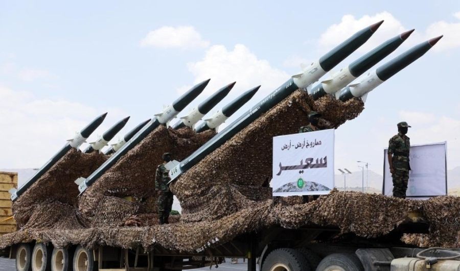 Missiles are seen during a military parade held by the Houthi group in Sanaa, Yemen. (Photo by Mohammed Mohammed/Xinhua/IANS)