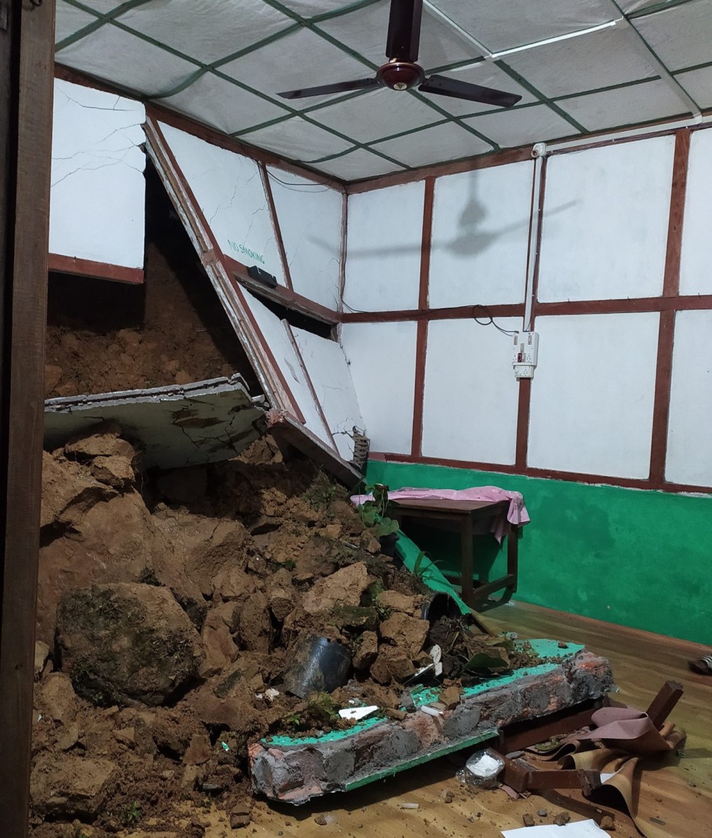 A house damaged by a landslide following heavy rainfall is seen at Lakhuti Village in Wokha district on July 19. No casualties or injuries were reported. (Morung Photo)