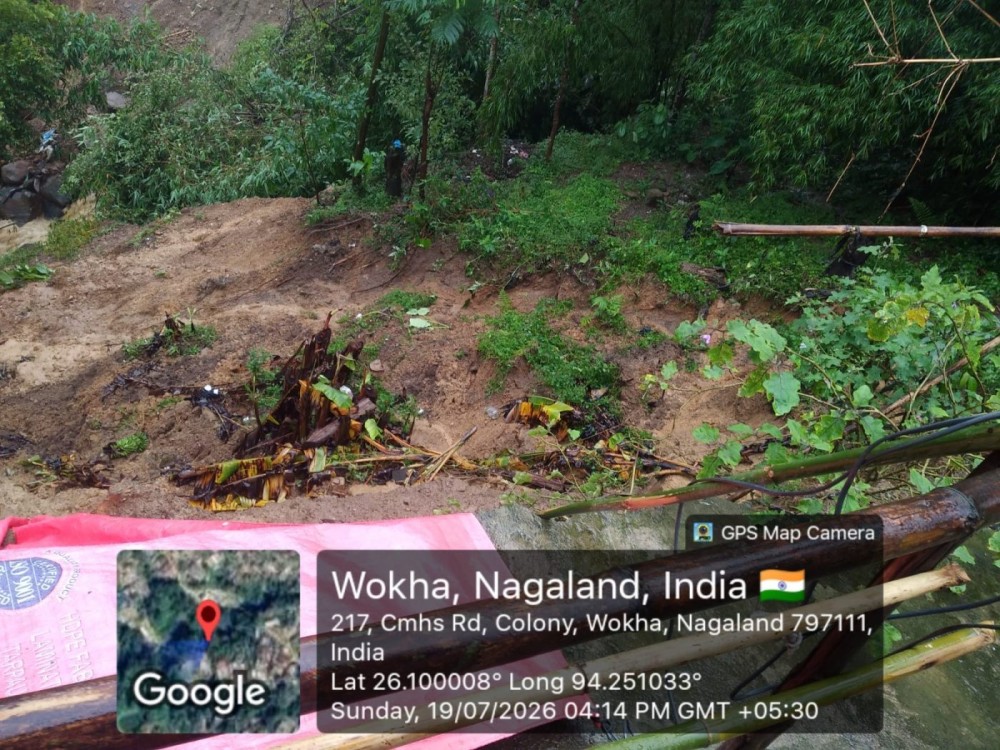Debris from a landslide is seen near a residential house at Etsuchukha Colony in Wokha following continuous rainfall on July 19. The colony council has advised the family to temporarily evacuate due to the risk posed by unstable ground conditions. (Morung Photo)