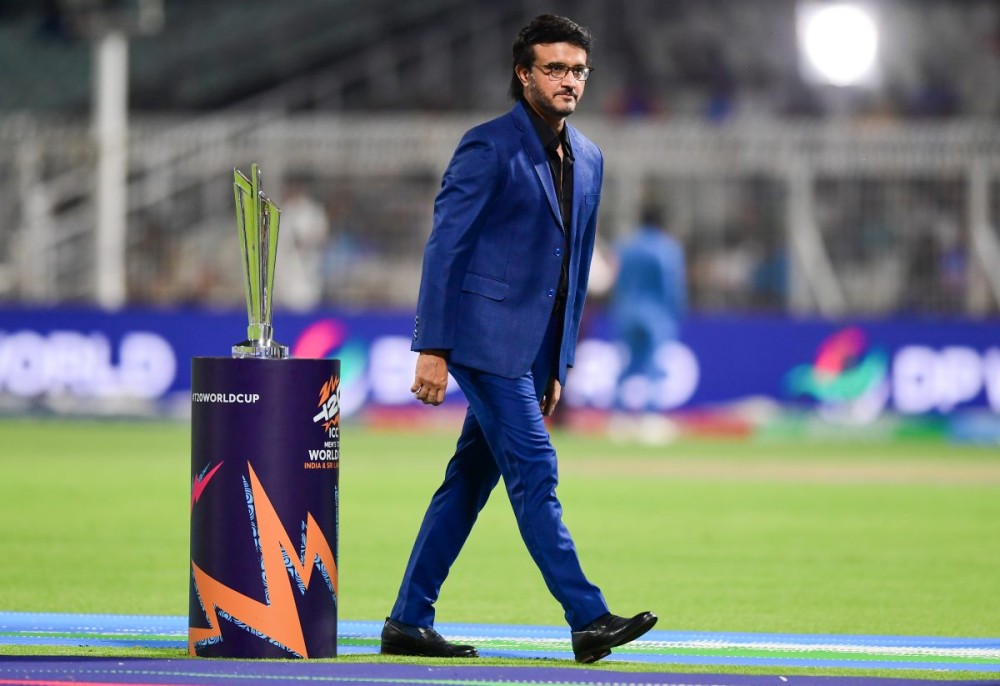 Kolkata: Former cricketer Sourav Ganguly leaves after bringing the trophy to the ground before the start of the ICC Men's T20 World Cup 2026 semi-final match between South Africa and New Zealand at Eden Gardens in Kolkata on Wednesday, March 04, 2026. (Photo: IANS)
