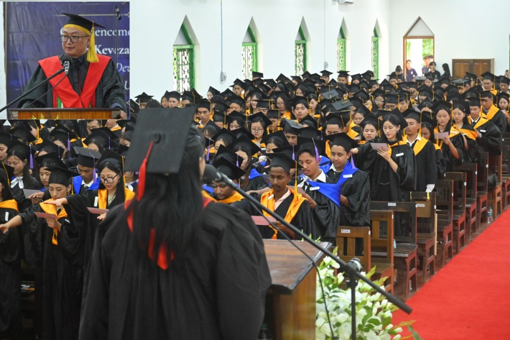 Graduating students take the Graduates’ Pledge during the 4th Graduation Ceremony for the Class of 2026 of Patkai Christian College (Autonomous), held at the Bundrock Chapel Auditorium on July 21. (Inset) Patkai Alumnus and Director, College Development Council, Nagaland University, Dr Kevezai Tureng, delivers the commencement address. (Photos Courtesy: PCC Mass Comm)