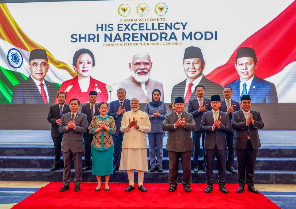 Jakarta: Prime Minister Narendra Modi in a group photo session with Indonesian President Prabowo Subianto and the representatives at the Indonesian Parliament in Jakarta on Tuesday, July 7, 2026. (Photo: IANS/PMO)