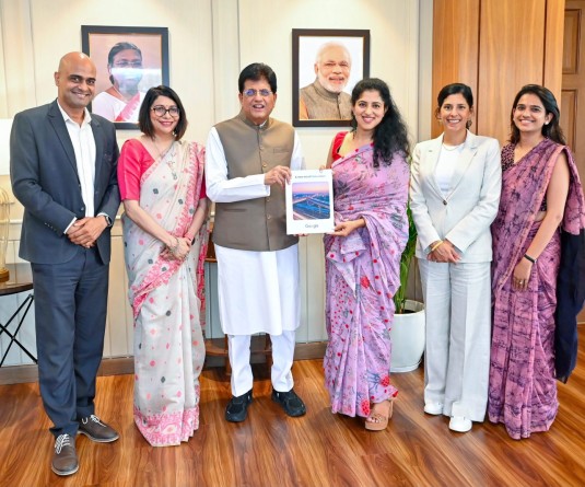 New Delhi: Union Minister of Commerce and Industry Piyush Goyal meets a delegation led by Vidhya Srinivasan, Vice President, Ads & Commerce, Google, and Preeti Lobana, Vice President and Country Manager, Google India, in New Delhi on Monday, July 6, 2026. (Photo: IANS/X/@PiyushGoyal)