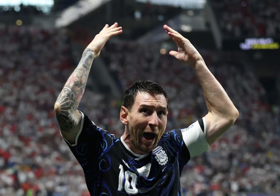 Lionel Messi (front R) of Argentina celebrates as Enzo Fernandez (front L) of Argentina scores during the semifinal match between Argentina and England at the 2026 FIFA World Cup at Atlanta Stadium in Atlanta, the United States, July 15, 2026.  (IANS Photo)