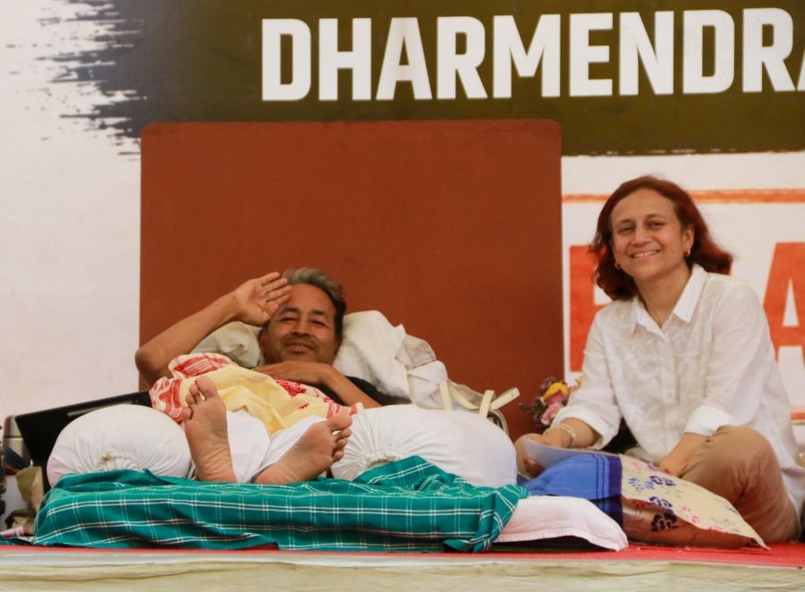 Climate activist Sonam Wangchuk with his wife, Gitanjali J. Angmo, during his indefinite hunger strike on Day 20 at Jantar Mantar, demanding the resignation of Union Education Minister Dharmendra Pradhan over alleged NEET 2026 examination irregularities, including the paper leak, in New Delhi on July 17, 2026. (IANS Photo)
