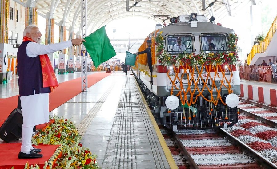 Prime Minister Narendra Modi flags off the Kartoli–Ambala train service and the Amritsar (Chheharta)–Varanasi train service during the launch of multiple rail and road infrastructure projects in Jalandhar district of Punjab on July 17, 2026. (IANS/PMO Photo)